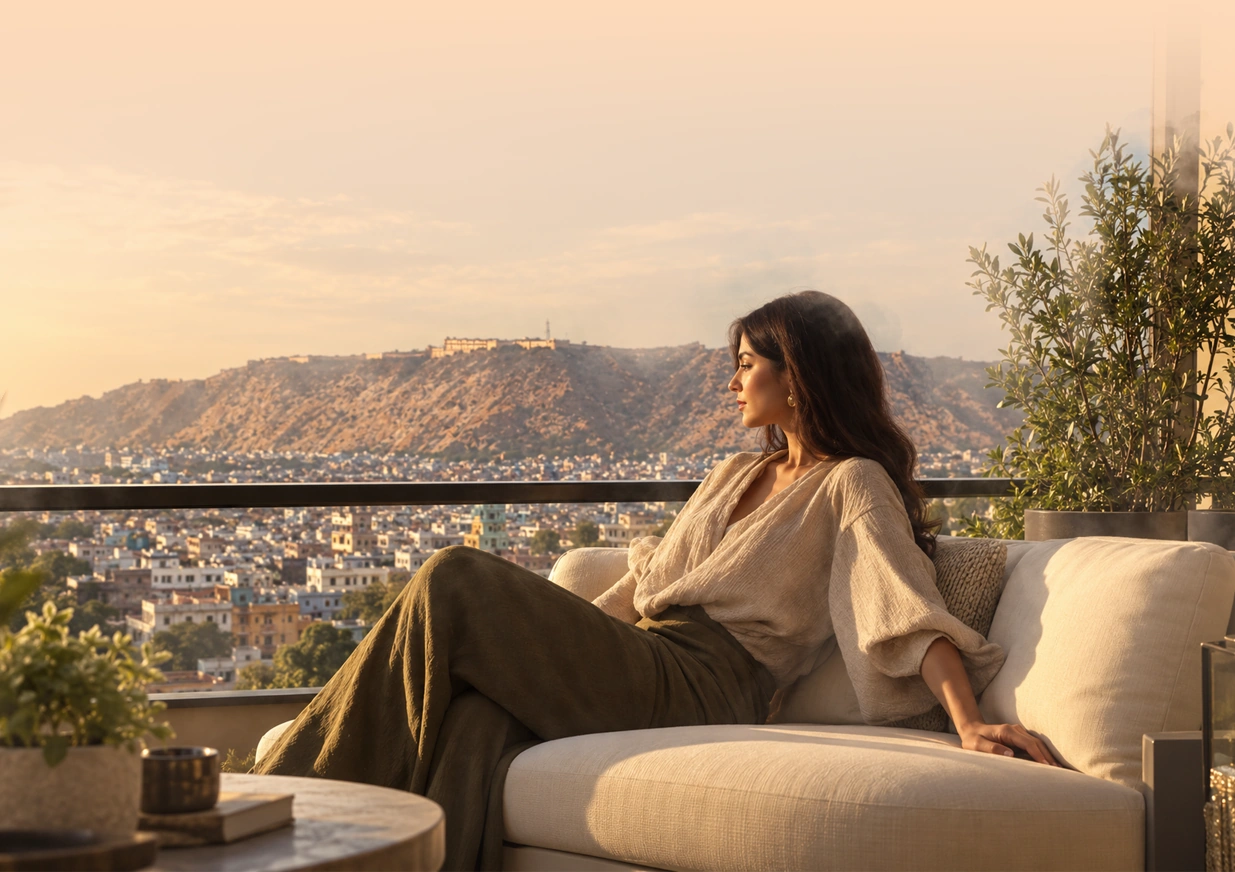 Pink Oaks private balconies with Nahargarh Fort view